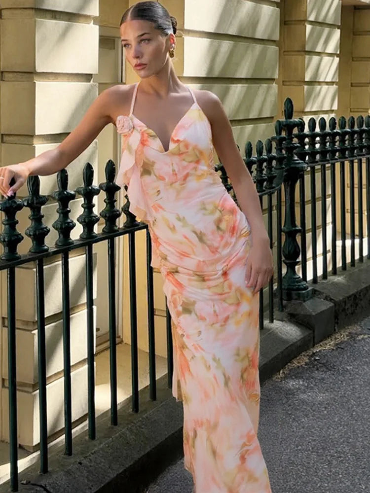 Halter Print Ruffle Sexy Maxi Dress