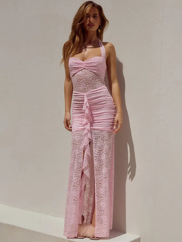 Lace Draped Ruched Sexy Maxi Dress