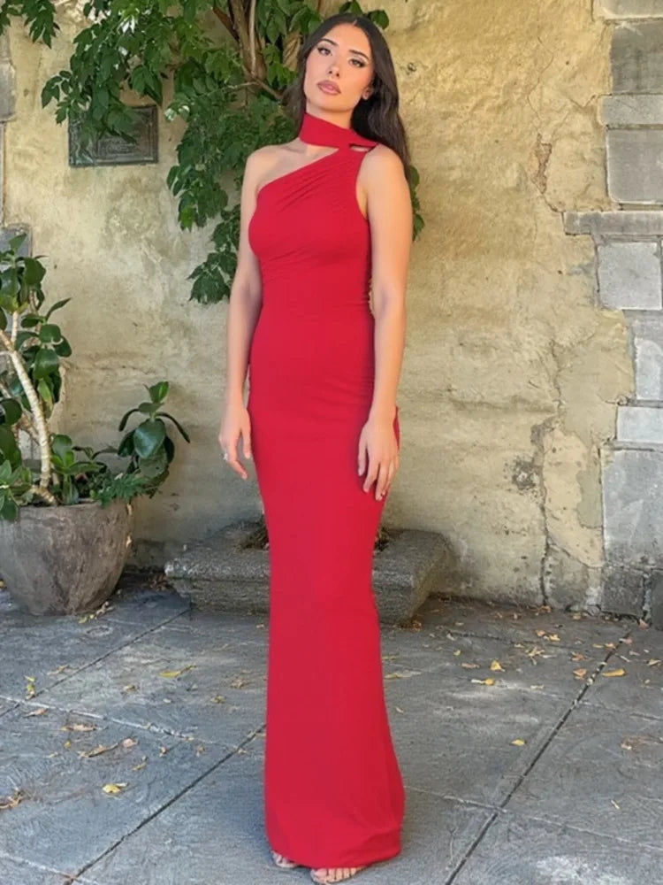 Halter Backless Sexy Maxi Dress Women Summer New Inclined Shoulder Sleeveless High Waist Bodycon Elegant Long Dress